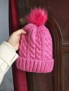 Pink Knitted Beanie with Pom Po