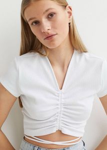 H&amp;M White Ribbed Cropped Tie-Detail Top