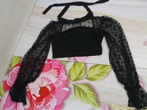 (1300)Black Polka Dot Mesh Top
