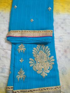 Blue Sari with Gold Embroidery