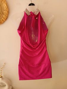 Hot pink Diamond Studded Neck Party Dress