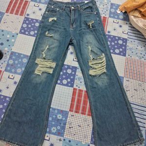 Blue Denim Distressed Jeans Bootcut