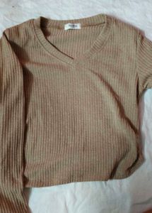 Khaki V Neck Full Sleeve Top