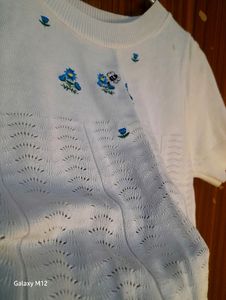 White Crop Top Korean Blue Embroidery
