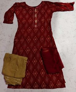Maroon &amp; Gold Mirror Work Kurta Set
