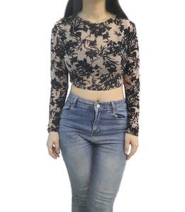Floral Mesh Long Sleeve Crop Top