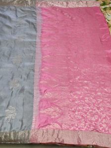 Grey With Baby Pink Soft Silk Saree