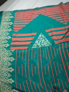 Teal &amp; Orange Patterned Saree
