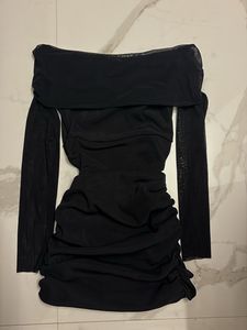 Black Off Shoulder Ruched Mini Dress