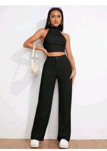 KOTTY Women Regular Fit Black Wide Leg Trousers
