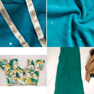 Teal & Green Outfit Saree With Blouse And Petticoa