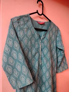 Turquoise Blue Kurta Top With White Pattern Design