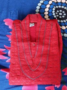 Red Kurta with Detailed Neckline