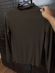 Brown Ribbed Mock Neck Top