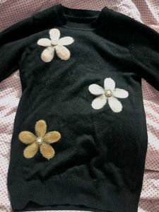 Floral Embellished Black Sweater