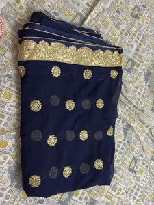 Navy Blue &amp; Gold Embellished Saree