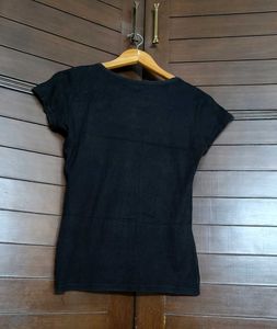 Women Black Cotton Embellished Logo Casual Tshirt