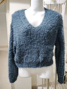 Blue Fuzzy V-Neck Sweater