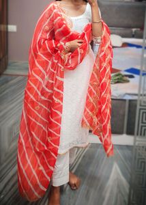 White Lace &amp; Orange Dupatta Suit