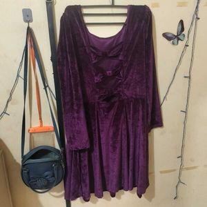 Purple Velvet Long Sleeve Dress Knee Length