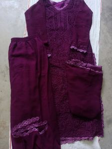 Chikenkari Embroidery Work Kurta Set With Plazo&amp;Du