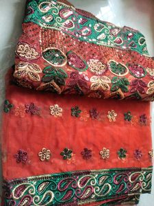 Orange Coral Net Saree With Green Border