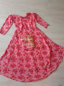 Georgette Peach Pink Long Frock With Dupatta