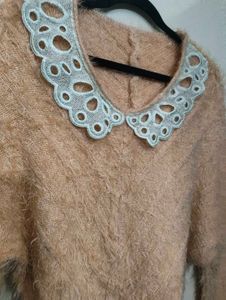 Fluffy Sweater with Lace Collar