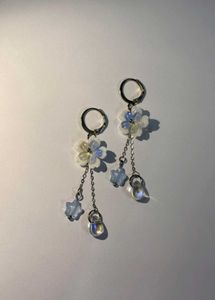 Handmade Blue Floral Star Drop Hoop Earrings