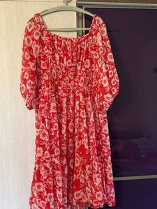 Floral Red Cinched Waist Midi Dress
