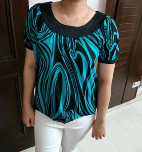 Women Blue Printed Long Casual Top