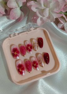 Maroon Flower Gold Press On Nails