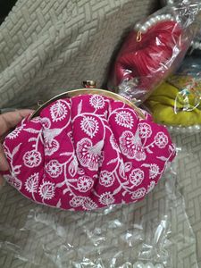 Pink Embroidery Potli Clutch With Pearl Handle
