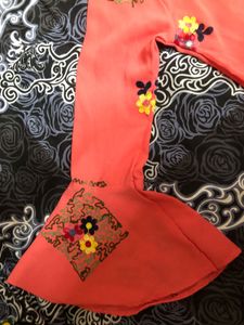Pink Embroidered Belled Sleeves Top