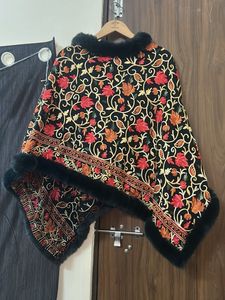 Floral Embroidered Shawl with Faux Fur