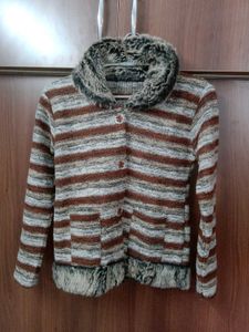Striped Faux Fur Trim Sweater