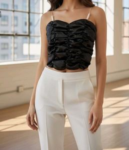 Satin Ruched Pearl Strap Top