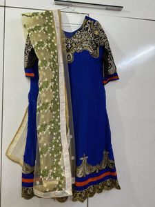 Royal Blue Embroidered Ethnic Gown with Dupatta