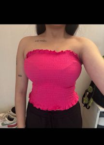Trendy Pink Ruffled bandeau Tube Top