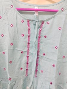 Baby Blue Colour Top With Pink Embroidery Design