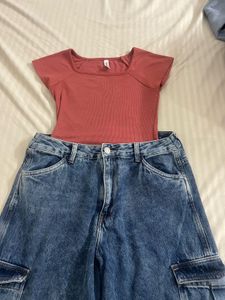 Cute Top &amp; cargo Jeans Set