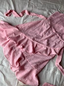 Pink Shoulder Strap Self Design Ruffled Dress