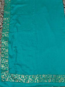 Teel Green &amp; Gold Border Saree With Blouse Piece