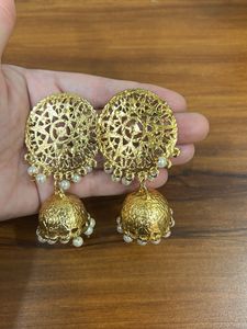 Gold Jhumka Earrings with Pearls