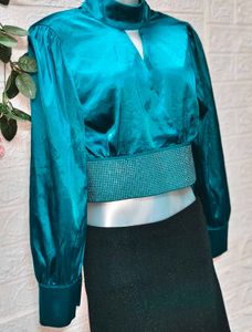 Size S/M 🎁Buy 2 Get 1 Free 🎁Teal SatinCrop Top