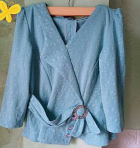 Vintage Aqua Leaf Print Blouse