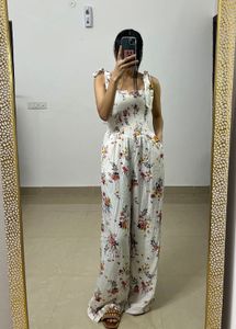 Floral White Cotton High-waisted Jumpsuit