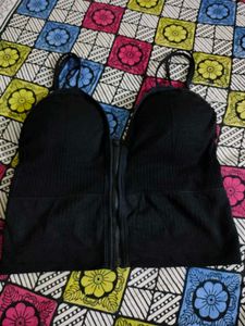 Black Zip-Up Ribbed Crop Top
