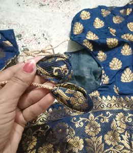 Blue &amp; Gold Sari With Designer Blouse