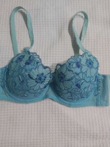 Blue Floral Embroidered Bra